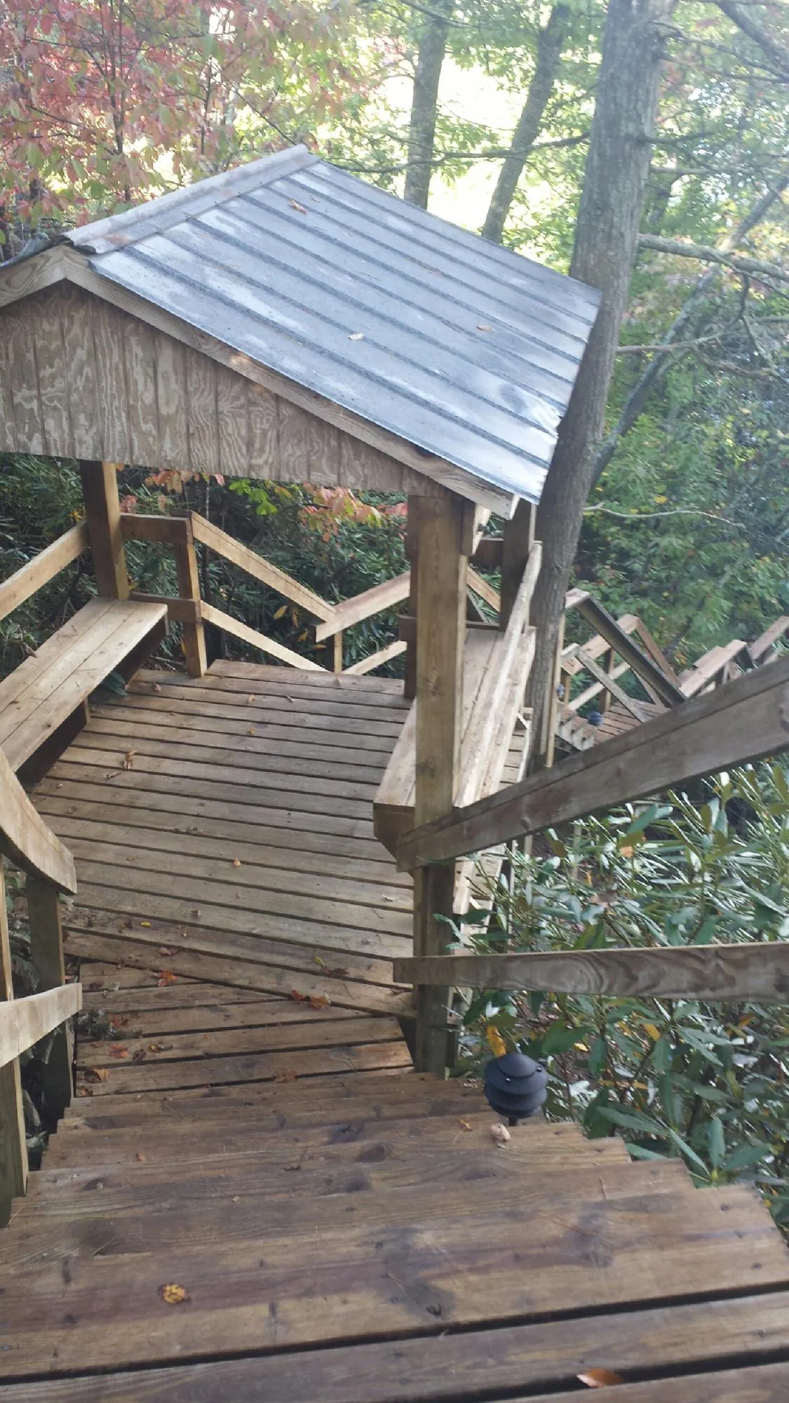 Metal roofed shelter over wooden steps on a wooded walkway — Skylight Repair & Installation work by our crew in Von Ormy